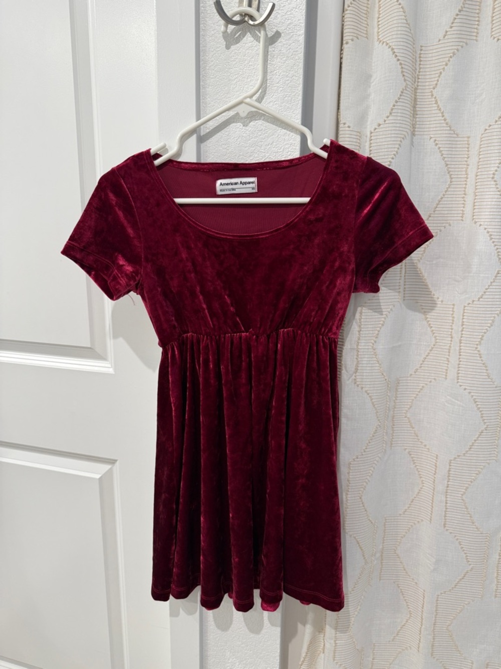 American Apparel Velvet Short Sleeve Babydoll Dress in Burgundy Red